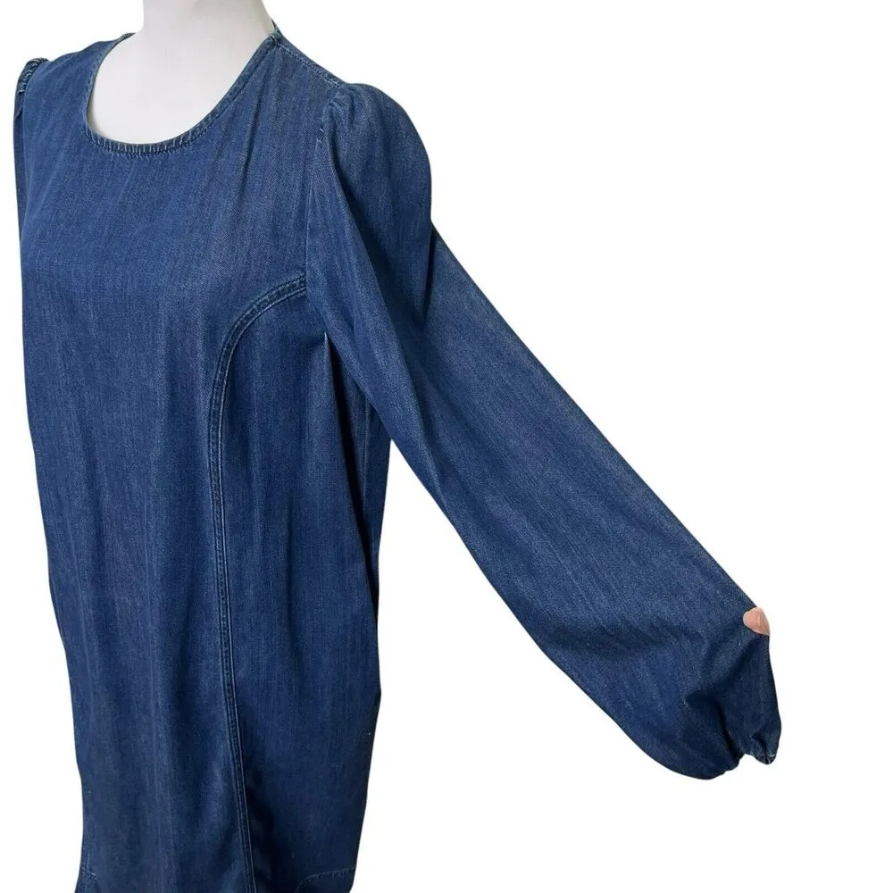 Boden Denim Shift Dress Size 14L Blue Long Sleeve Cotton Mini Blouson Casual - Image 5