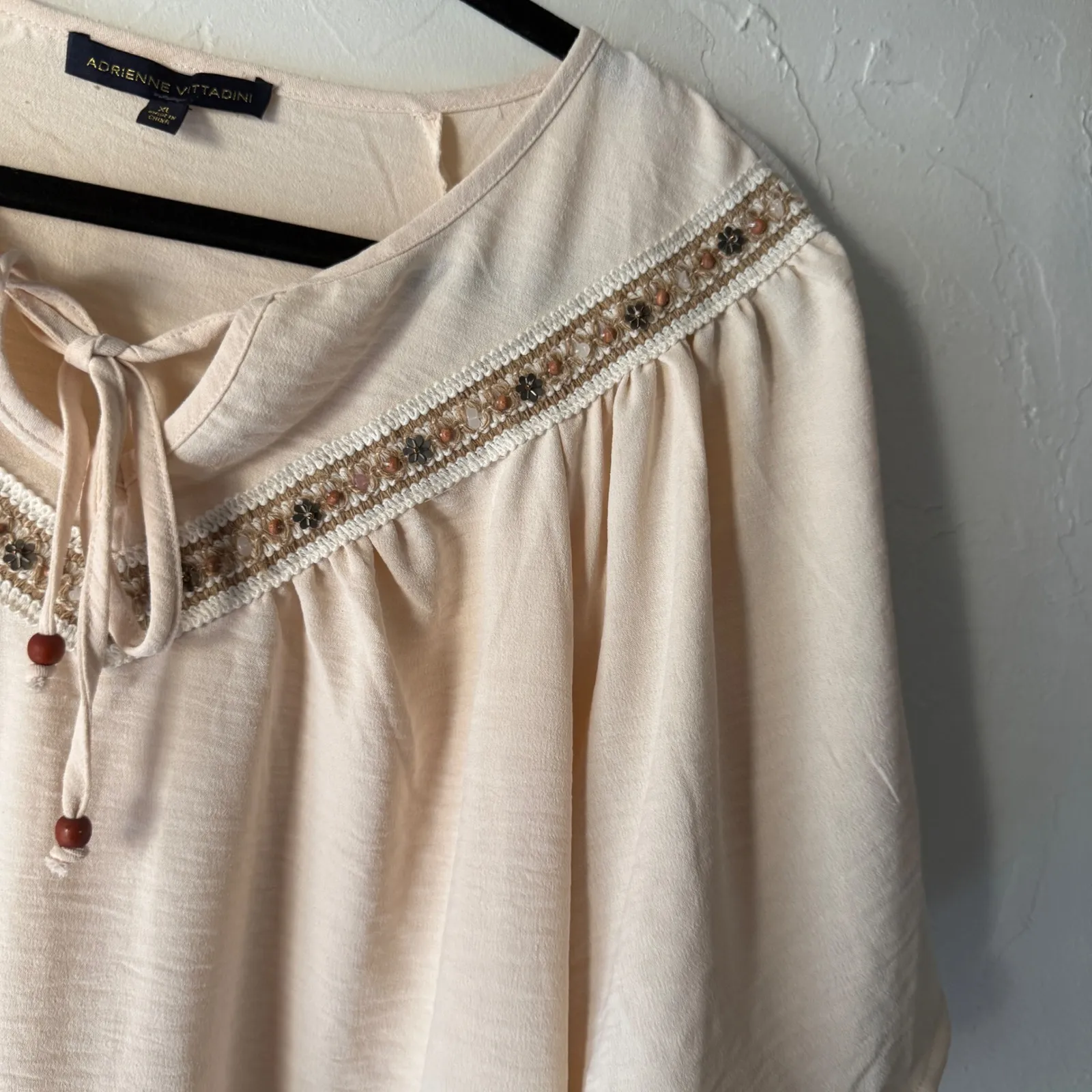 Adrienne Vittadini Womens XL Beige Embroidered Blouse Shirt Boho Peasant Beaded - Image 2