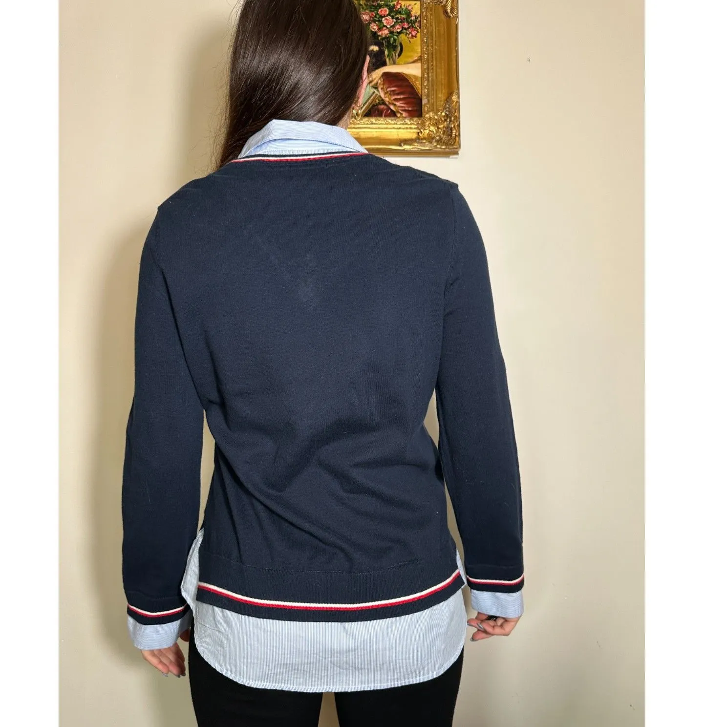 Tommy Hilfiger  Blue Sweater V Neck with Collared Shirt Size Large - Image 2