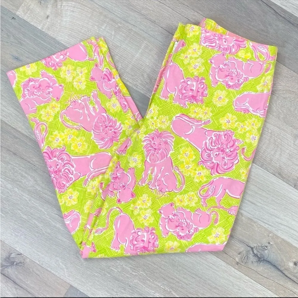 Vintage Lilly Pulitzer Lion Print Crop Capri Pants Flat Front Lime Green Pink 4 - Image 2