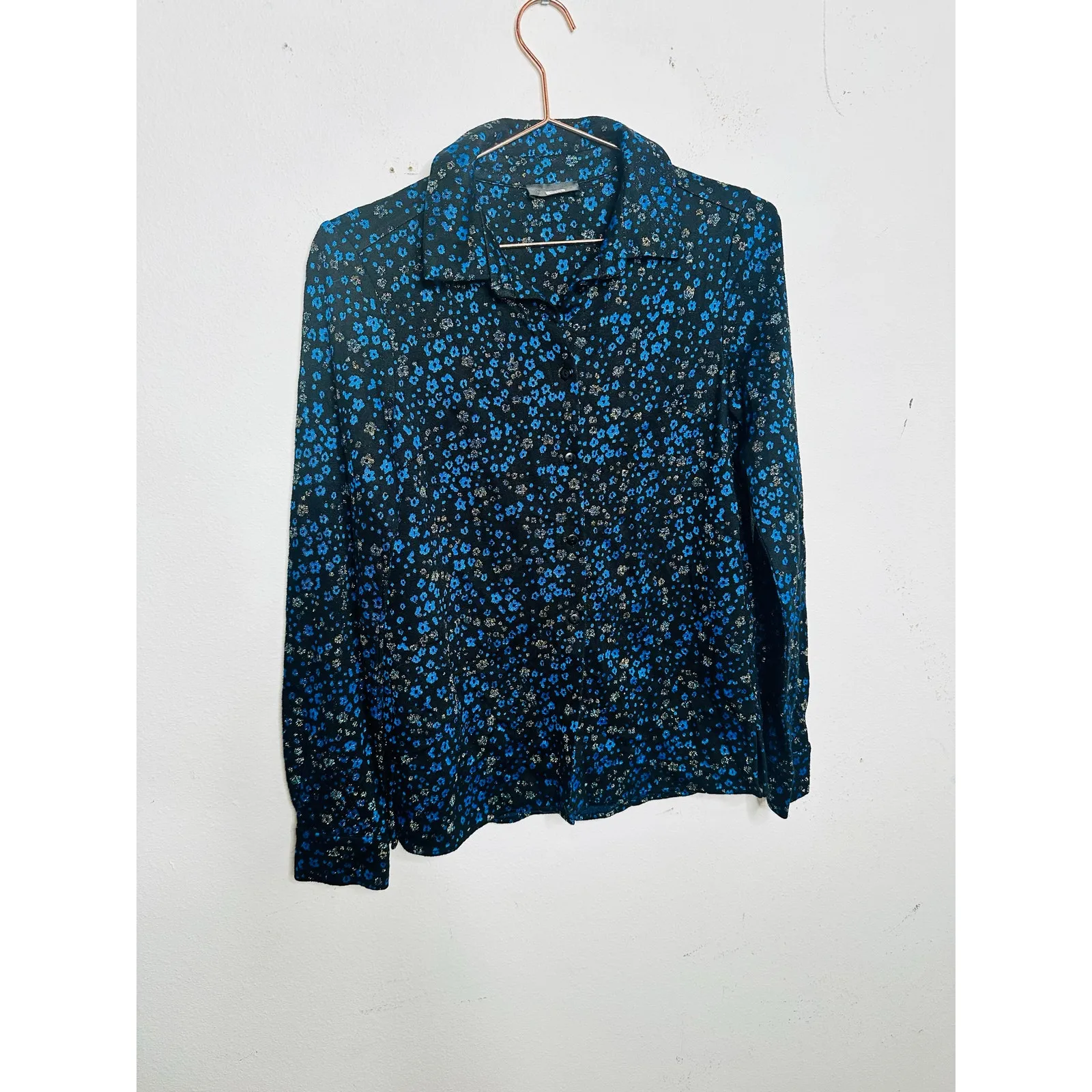 STINE GOYA Black Blue Metallic Button Front Floral Lucian Long Sleeve Top sz XS - Image 3