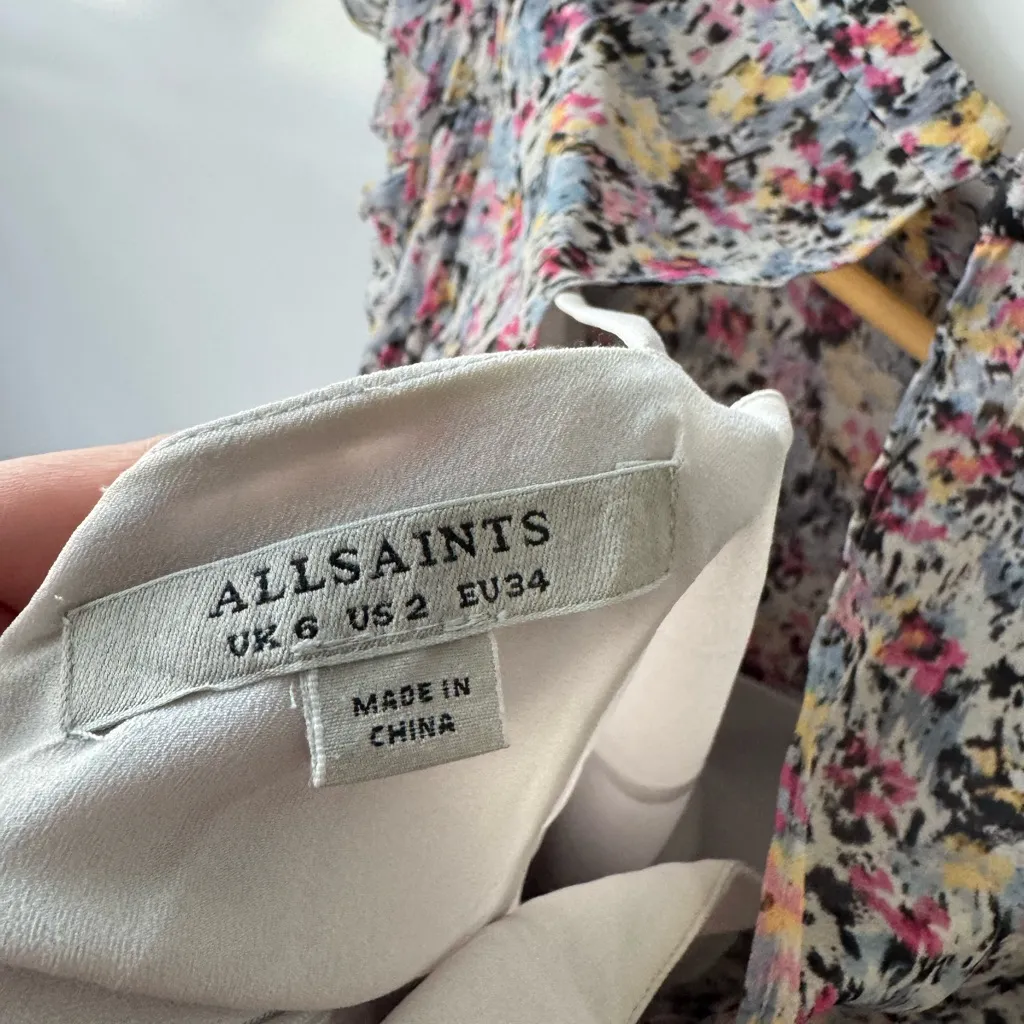 All Saints Pink and Blue Ruffled Ruched Midi‎ Dress Size 2 - Image 10