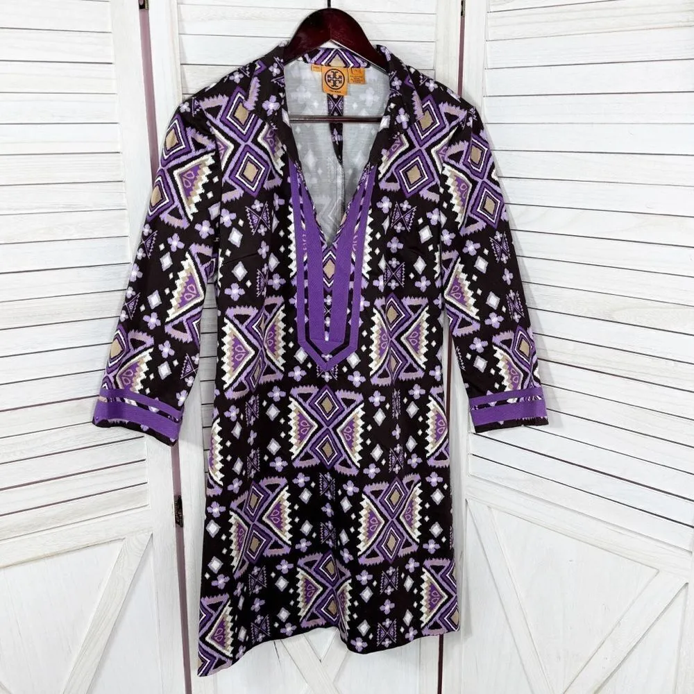 Tory Burch Ikat Tribal Print Cotton‎ Caftan Tunic Dress Brown Purple 6 - Image 8