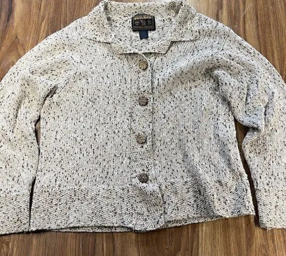 Woolrich Silk Lambs Cable Knit Sweater Women's M Cream Brown Wood Floral Buttons - Image 1