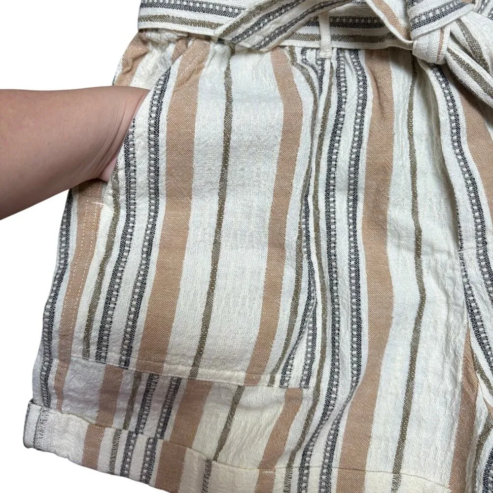 Lucky Brand Cream Tan Striped Paperbag Shorts Linen Blend XS Boho Summer Pockets - Image 9