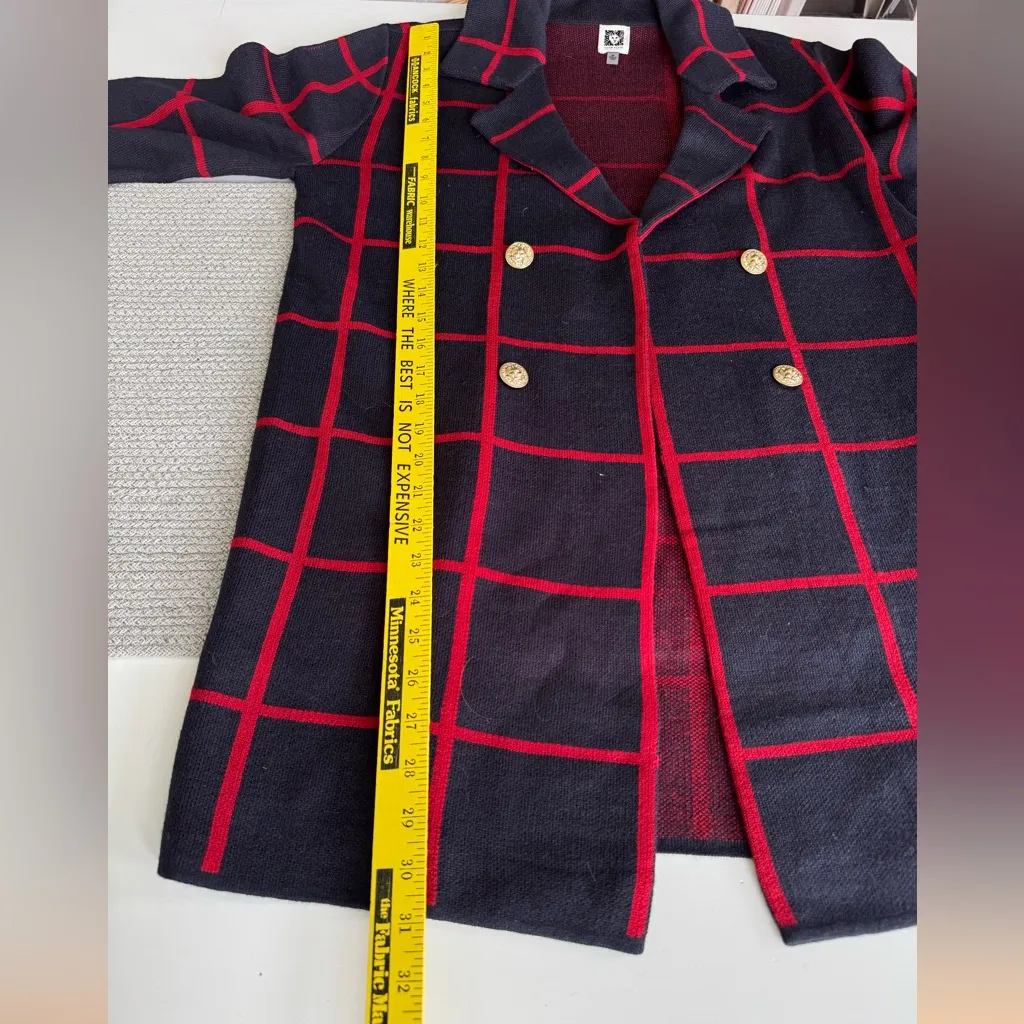 Anne Klein Navy Blue Red Windowpane Plaid Gold Button Knit Blazer Sweater Coat M - Image 11