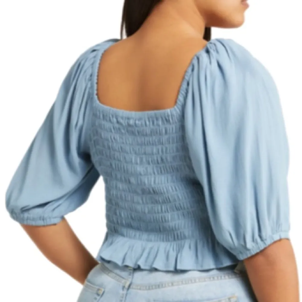Open Edit Tie Front Puff Sleeve Blouse - Blue Chambray Size 2X - Image 4