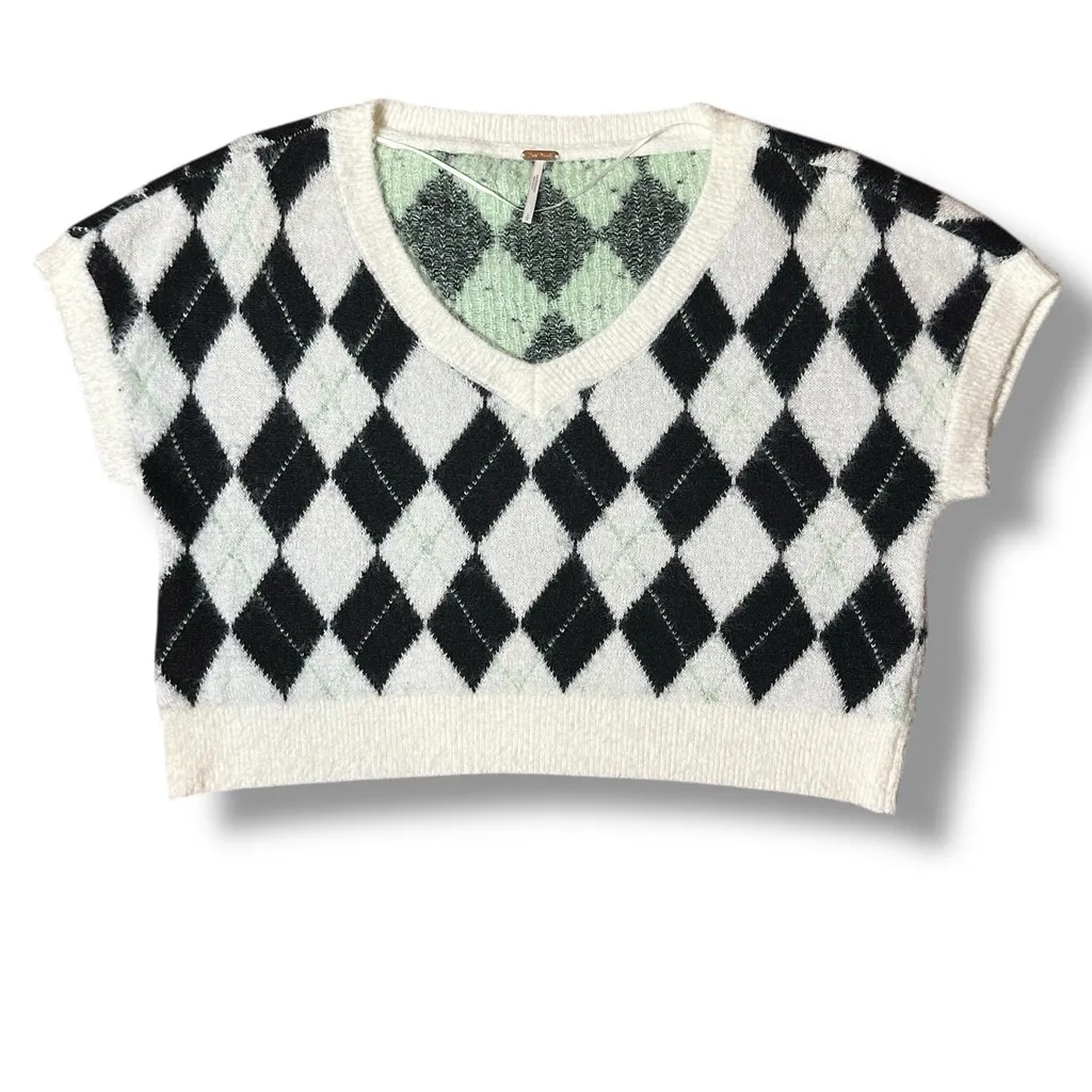 Free People SM Through The Motions Vest Cream Black Eyelash Knit V Neck Argyle - Image 5