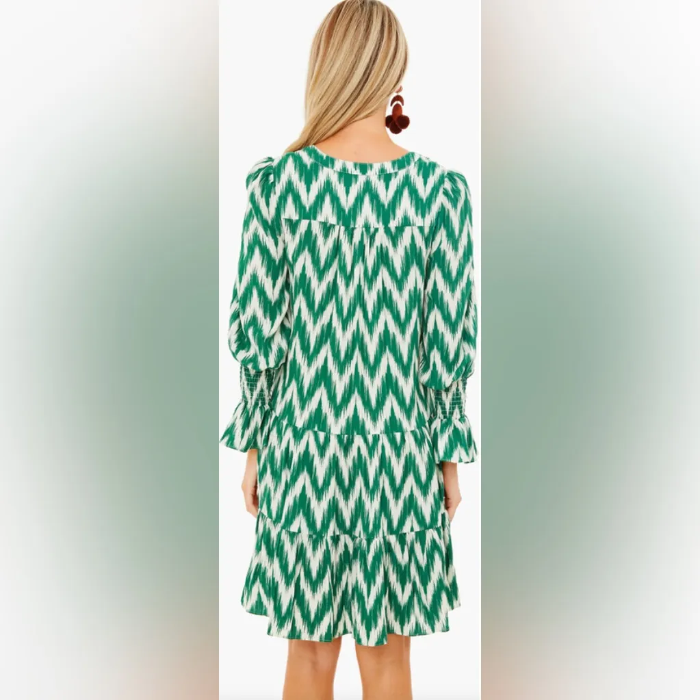 Pomander Place Tuckernuck Ikat Kenzo Green White Tiered Dress Size M - Image 2