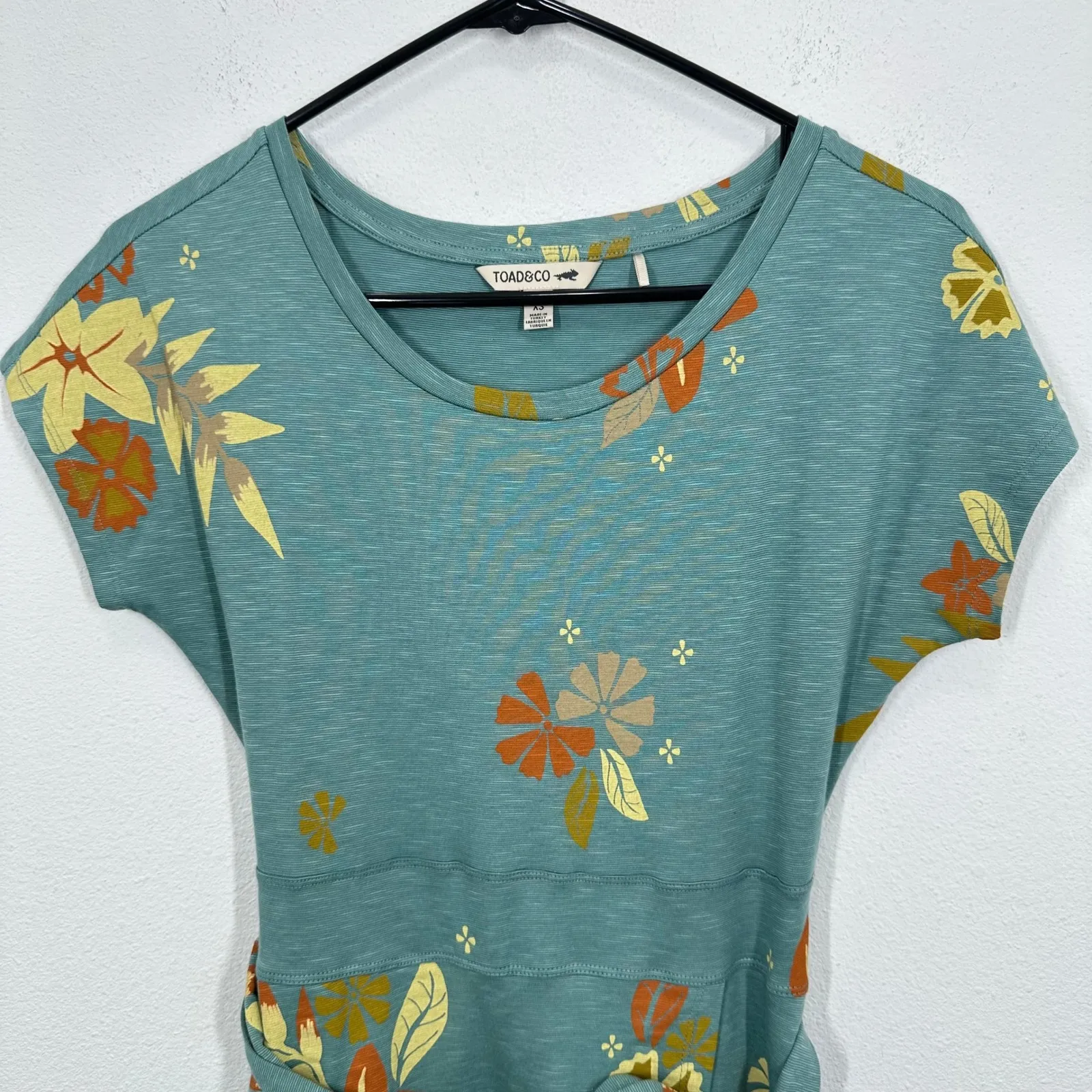 Toad & Co‎ Teal Green Floral Print Short Sleeve Tie Waist Tencel Cotton Dress - Image 4