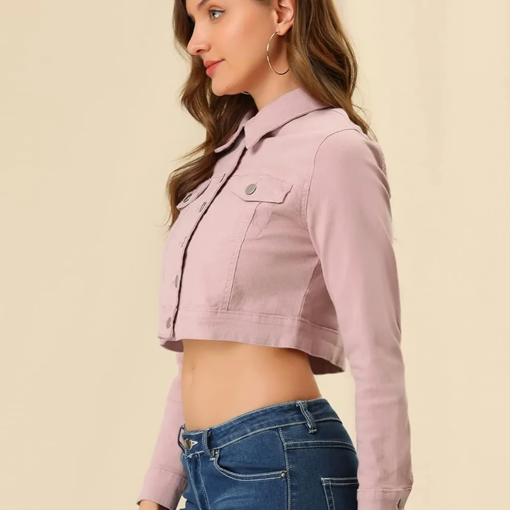 NWT Allegra K Women’s Cropped Denim Jacket Medium Pink Button Down - Image 4