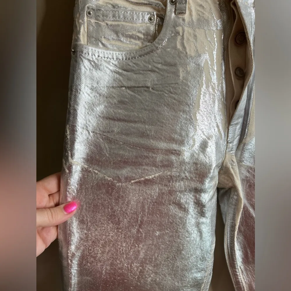 Zara silver metallic coated boyfriend fit straight leg jeans size 2 - Image 2