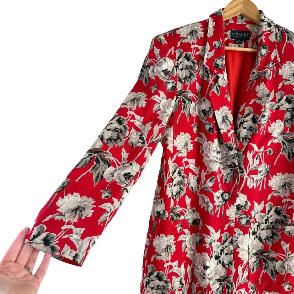 Vintage 80s Attaché by Herman Geist Linen Red Floral Blazer Jacket, Size 8 - Image 7