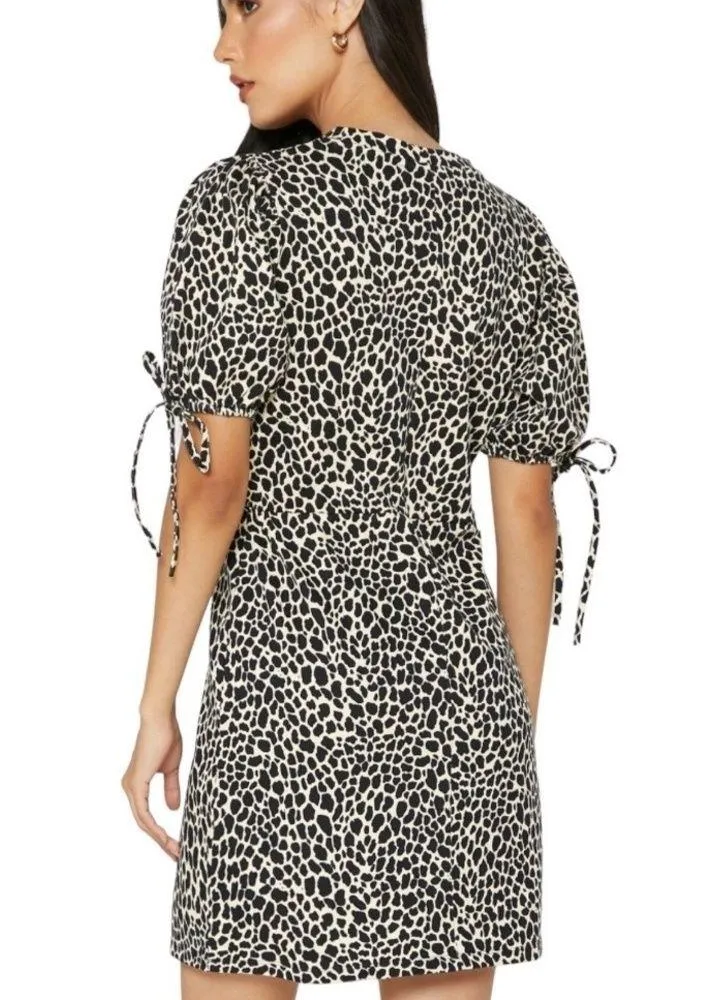 Topshop Animal Print Puffy Sleeve Mini Dress Black Cream Size 10 - Image 6