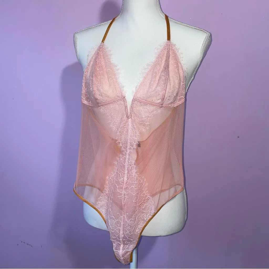 Victoria's Secret Very Sexy V Wire Lace Teddy M Angel Pink Thong Halter Mesh - Image 2