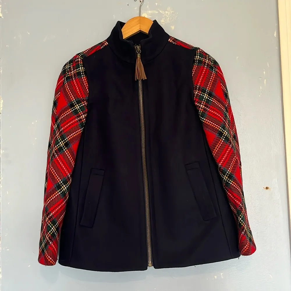 J Crew Colorblock Shetland Tartan Plaid Tassel Zipper Wool Jacket - Image 2
