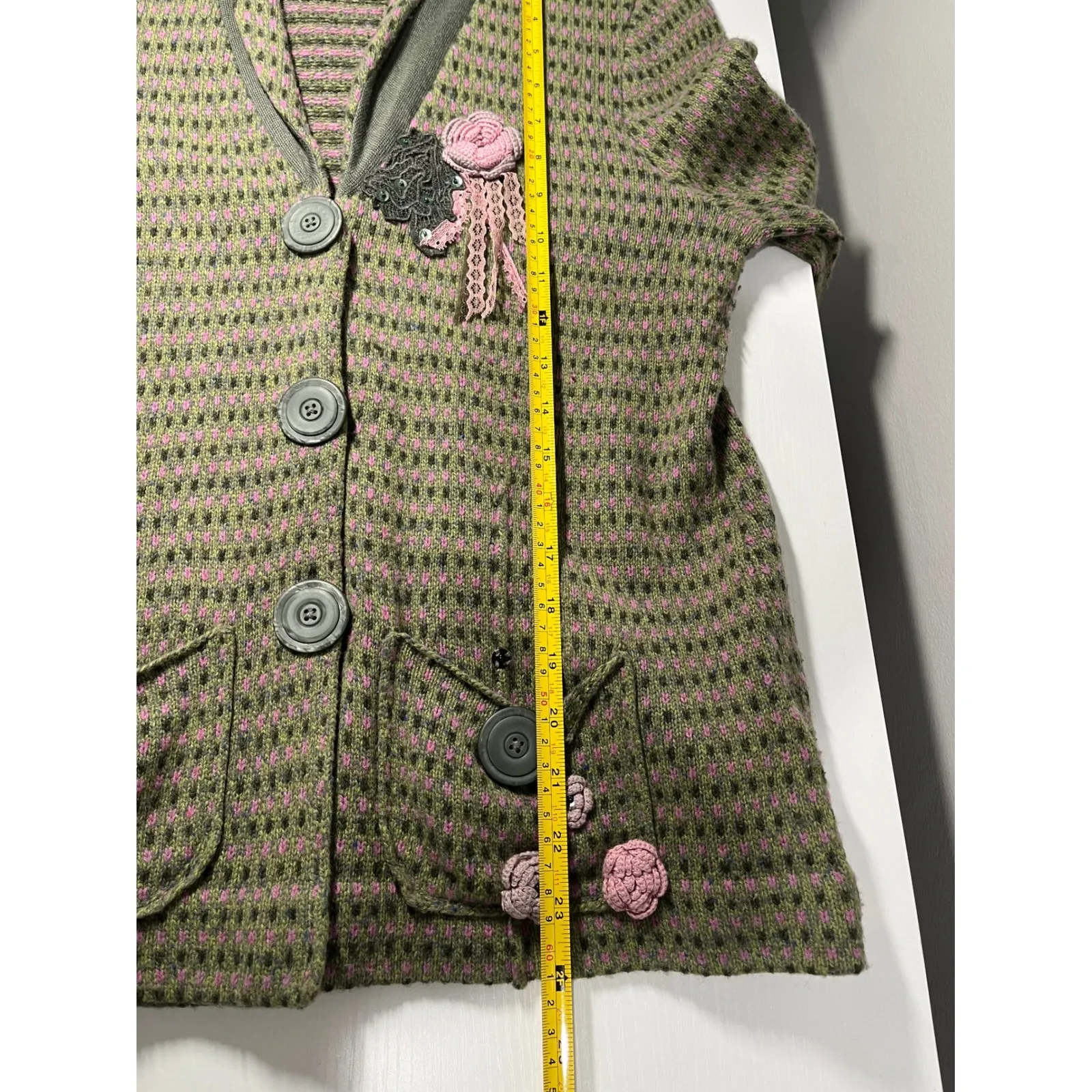 Y2K Sigrid Olsen Wool Blend Cardigan Button Front Floral Applique Green Pink M - Image 10