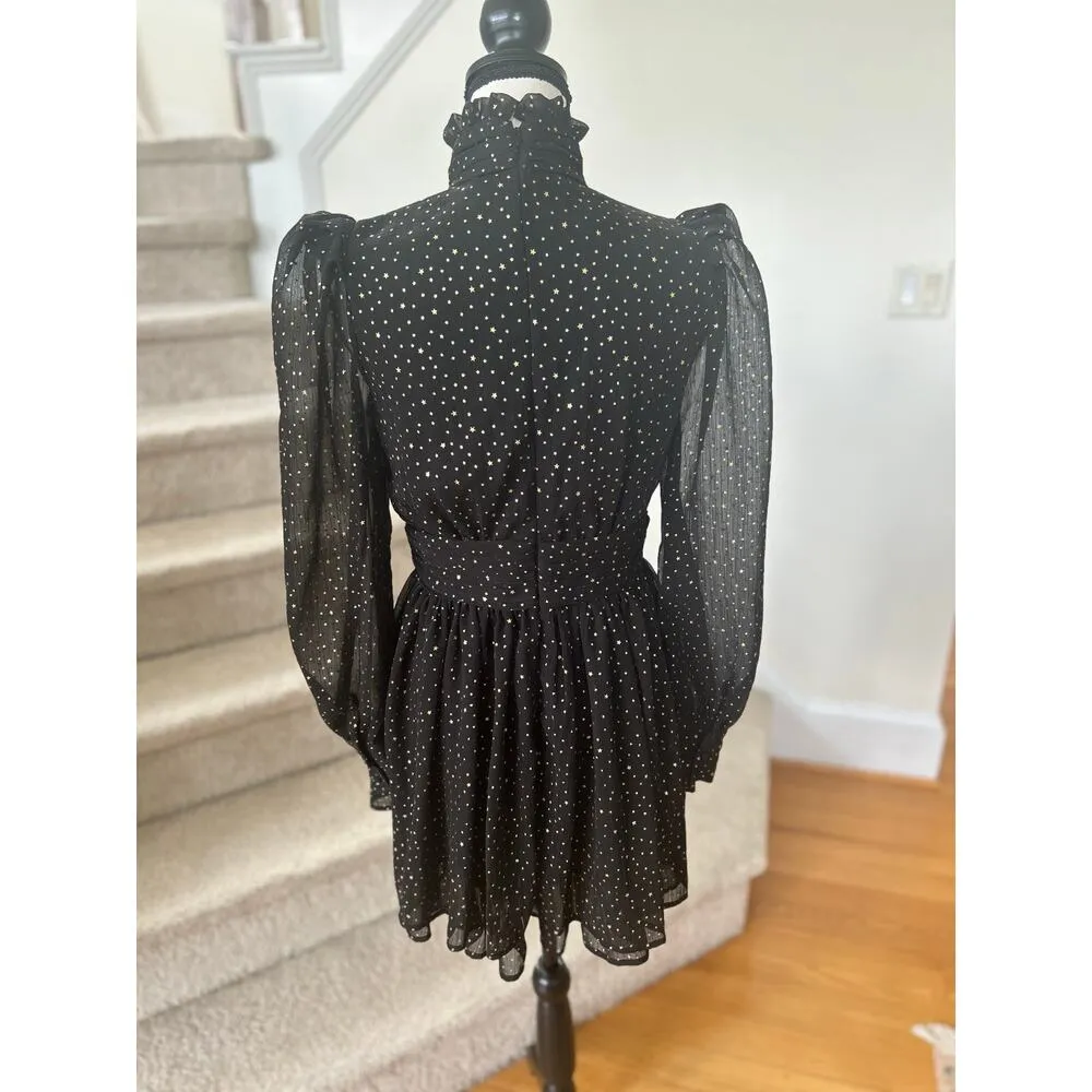 Aqua Black & metallic Gold Star Print Sheer Blouson Turtleneck Mini Dress - Image 3