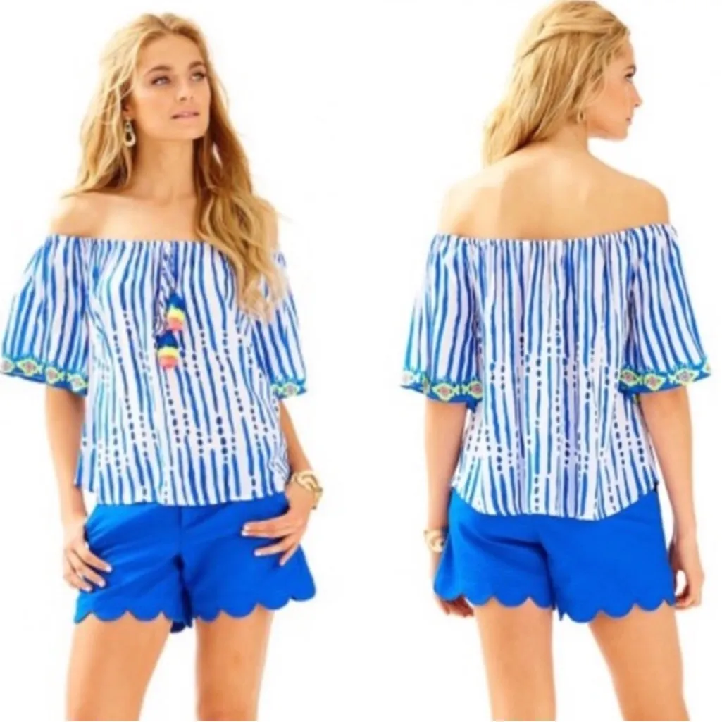 Lilly Pulitzer Shirt Multi Color Sain Off  Shoulder Tassel Short Sleeve Medium - Image 2
