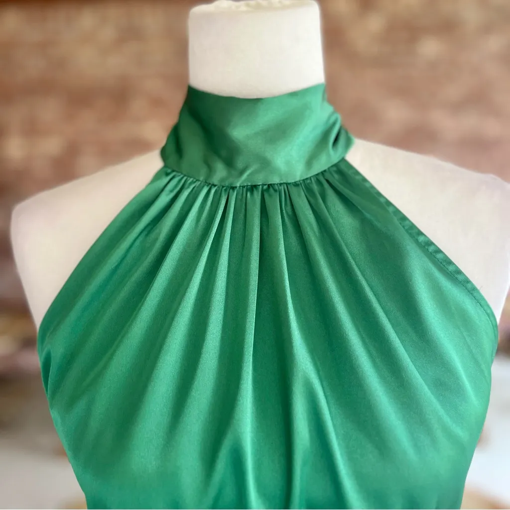 Flounce Dress Satin Mini Backless High Tie Neck Emerald Green 6 Halter Cocktail - Image 4