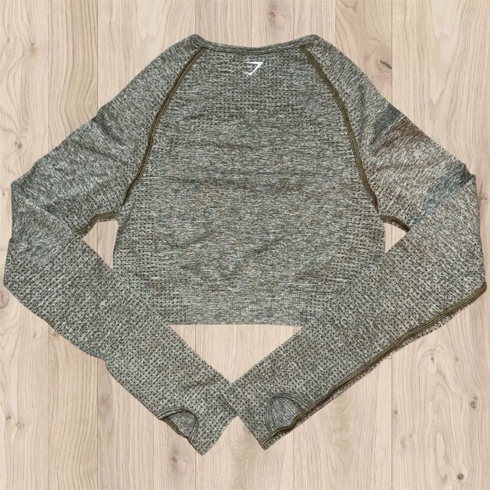 Gymshark Crop Top Womens Small Vital 2.0 Seamless Long Sleeve Green Gym Workout - Image 2