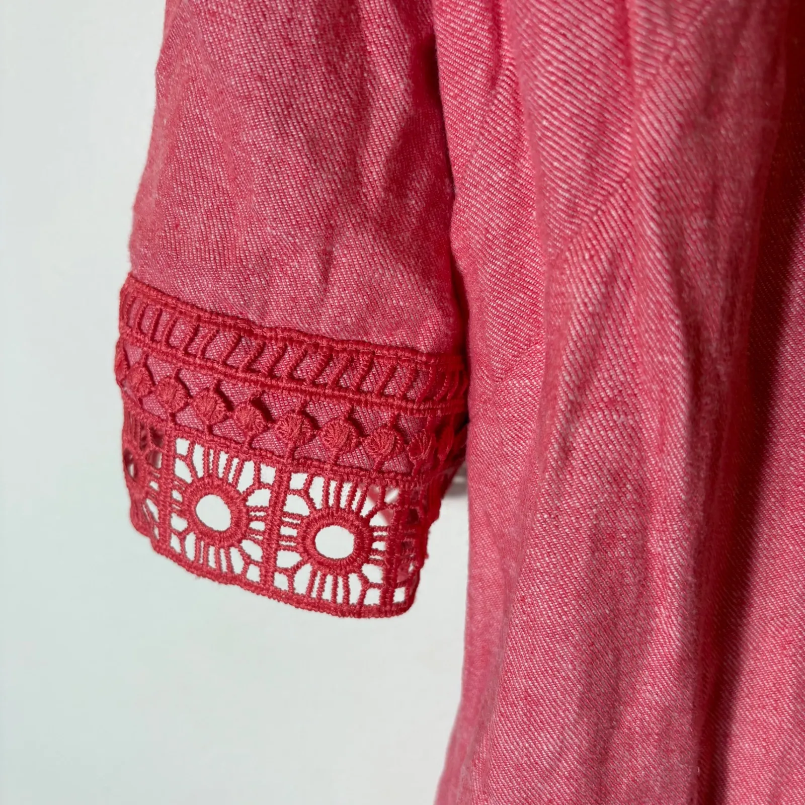 Talbots Woman Petite Coral Pink Linen Blend Crochet Trim V Neck‎ Dress 20WP - Image 2