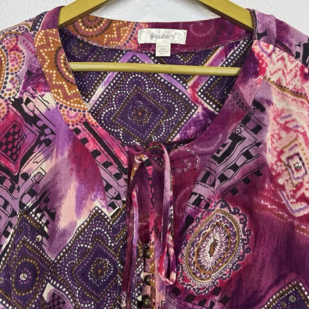 Dressbarn Tunic Top 2X Whimsical Fairy Multicolor Artsy Beaded Sequins V-Neck - Image 3