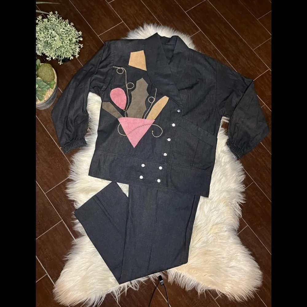 Just Gail vintage dark denim patchwork pantsuit sz large Black - Image 2