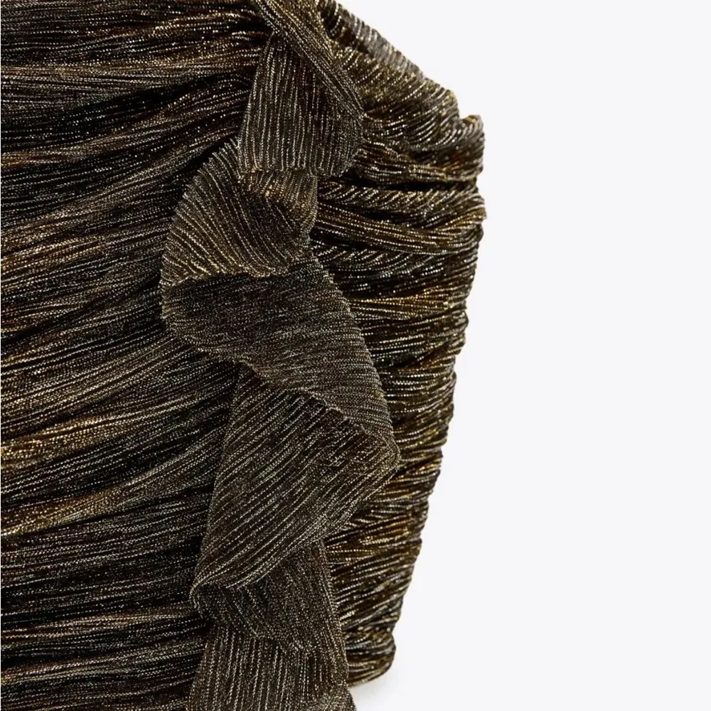 ZARA Gold Silver lurex Metallic Sleeveless Short Crop Top w/Ruffle Front Sz L - Image 6