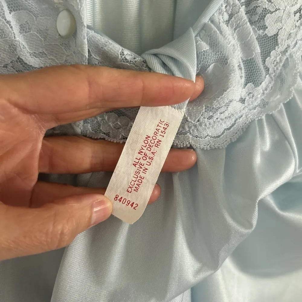 VTG baby blue nylon sheer lace trim button down nightgown midi dress S M L XL​ - Image 7