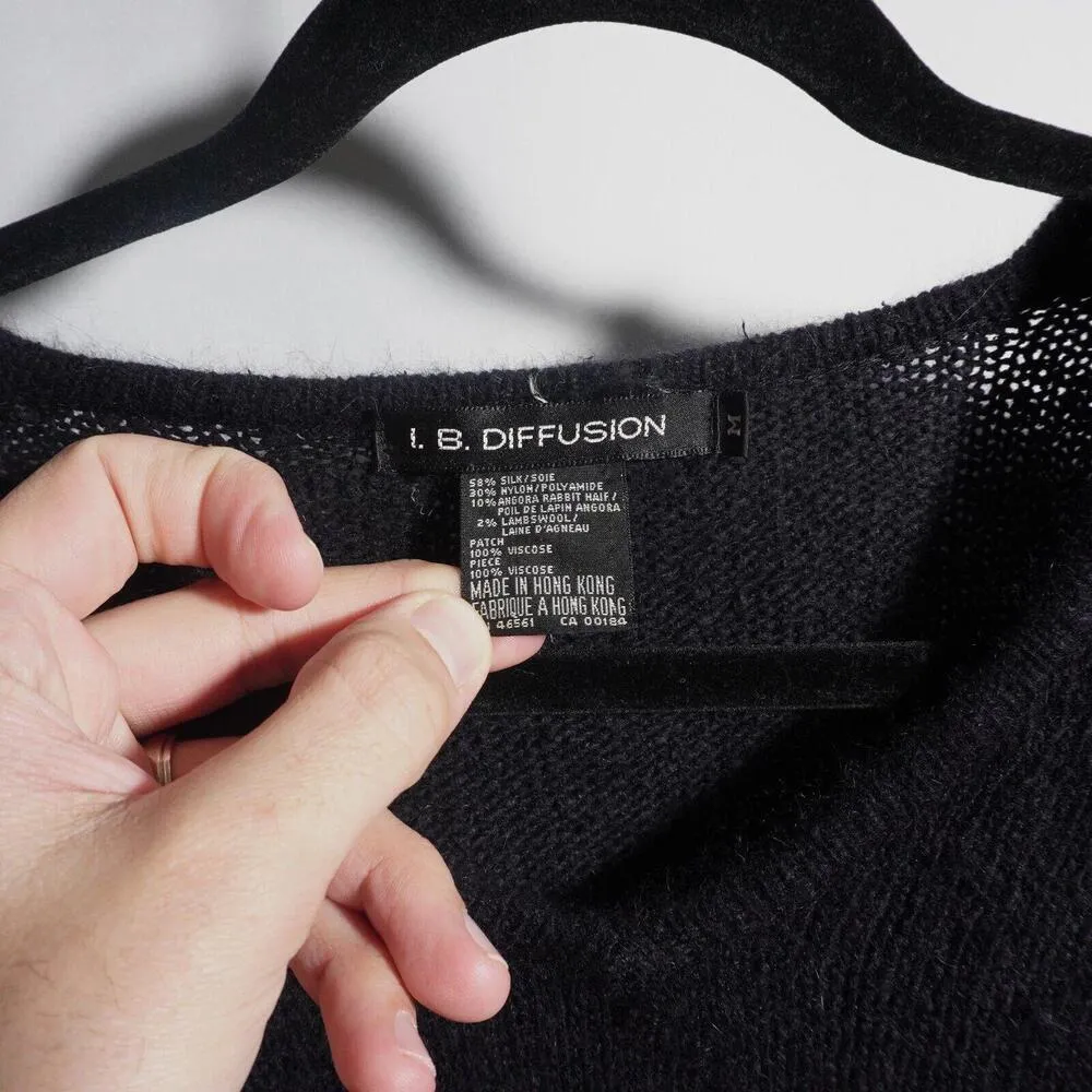 VTG 80s IB Diffusion Silk Angora Rabbit Hair Lambswool Knit Top Flowers Glamor M Black Size M - Image 3