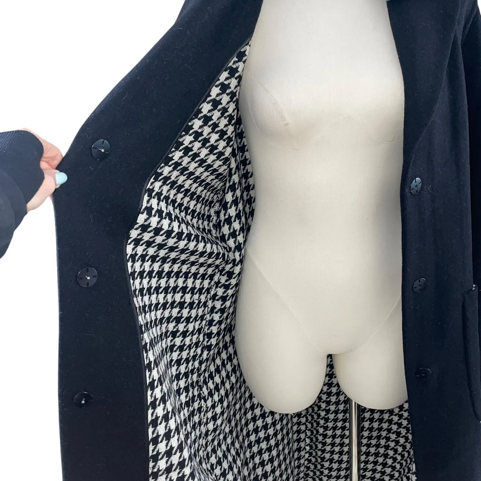 Dawn Levy Celine Black Wool Blend Long Coat Houndstooth Lined NWT XL - Image 6