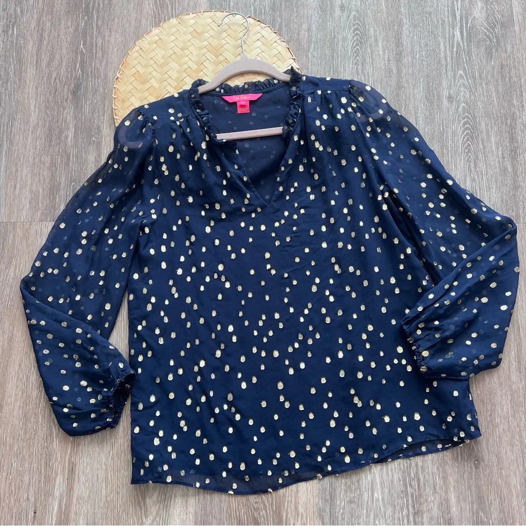 Lilly Pulitzer Giana silk blouse navy and gold metallic polka dot‎ - Image 2