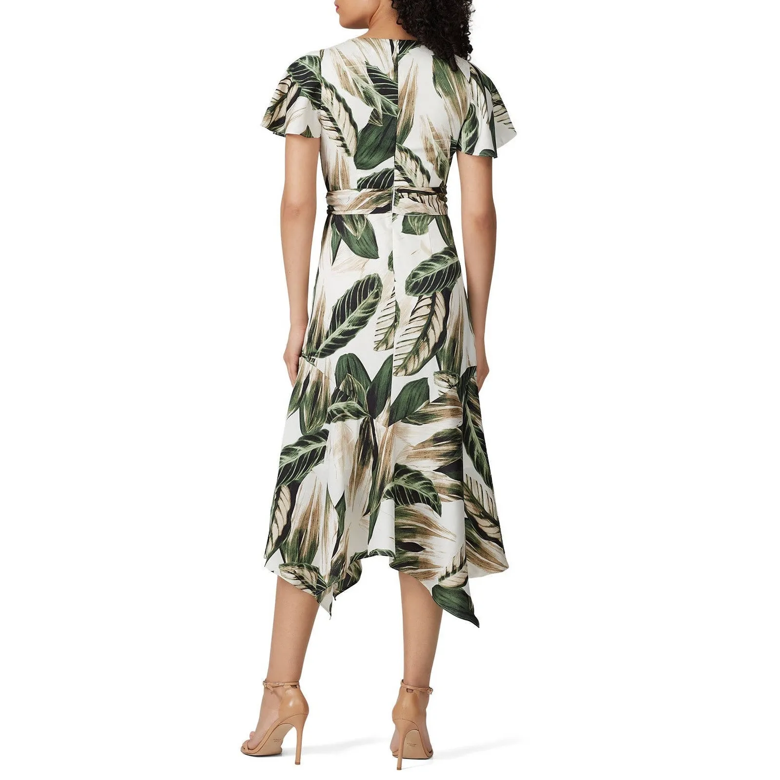 Great Jones Ivory Green Palm Leaf Short Sleeve Tropical Resort Midi Dress 4 White - Image 2