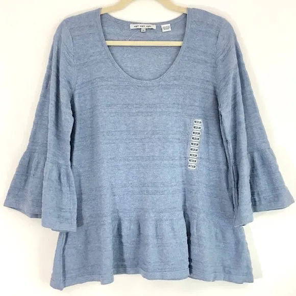New Sheer Stripe Knit Top Bell Sleeve Peplum Blue - Image 6