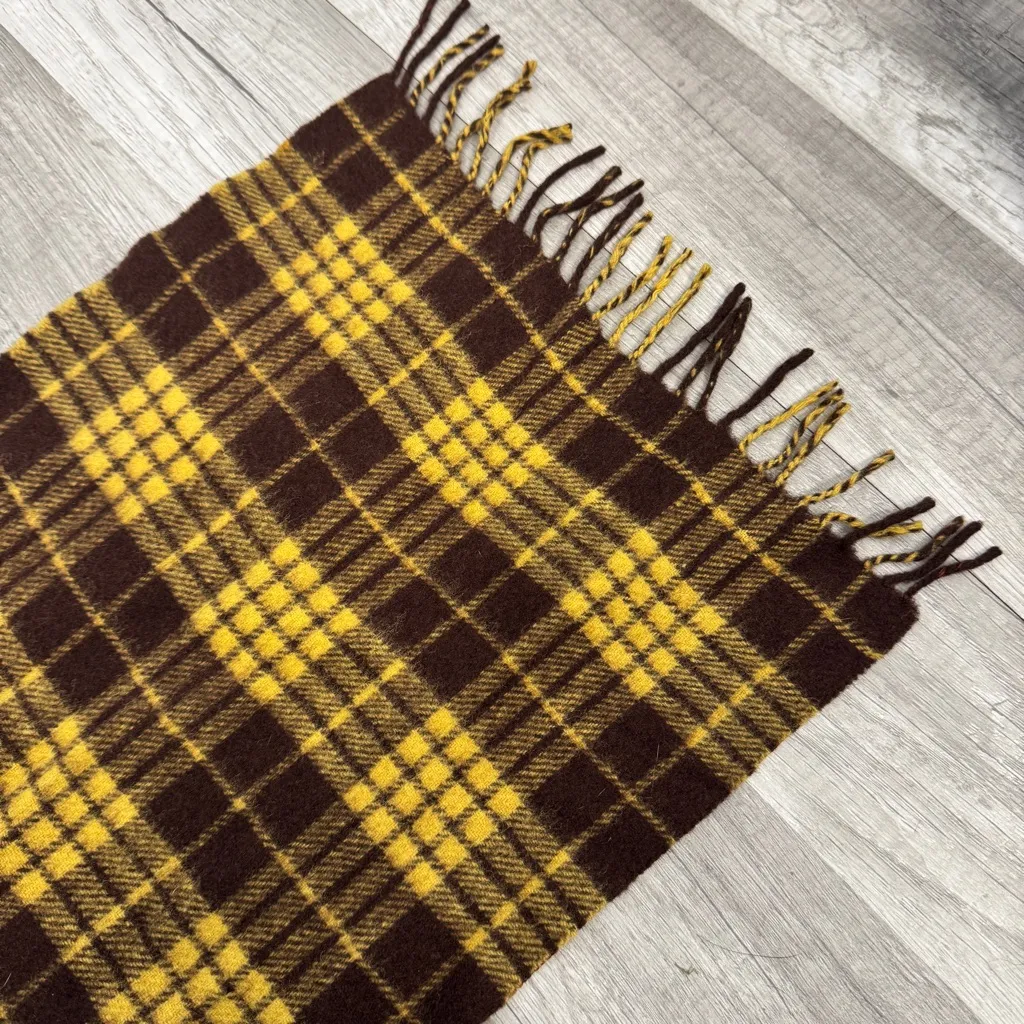 Vintage Wool Plaid Scarf Yellow Brown Tartan Fringe Fall Winter Unisex Academia - Image 3