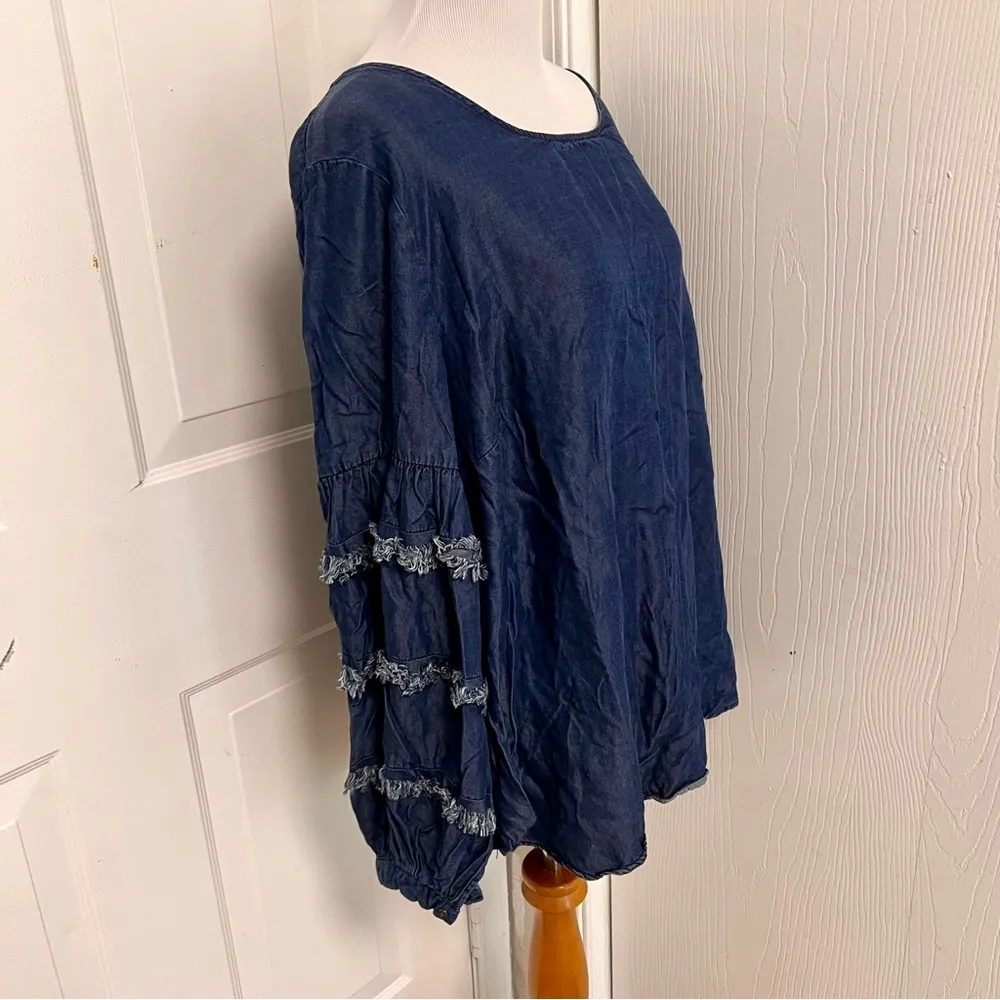 Jane and Delancey Chambray Blouse Tiered Fringe Sleeves - Image 3