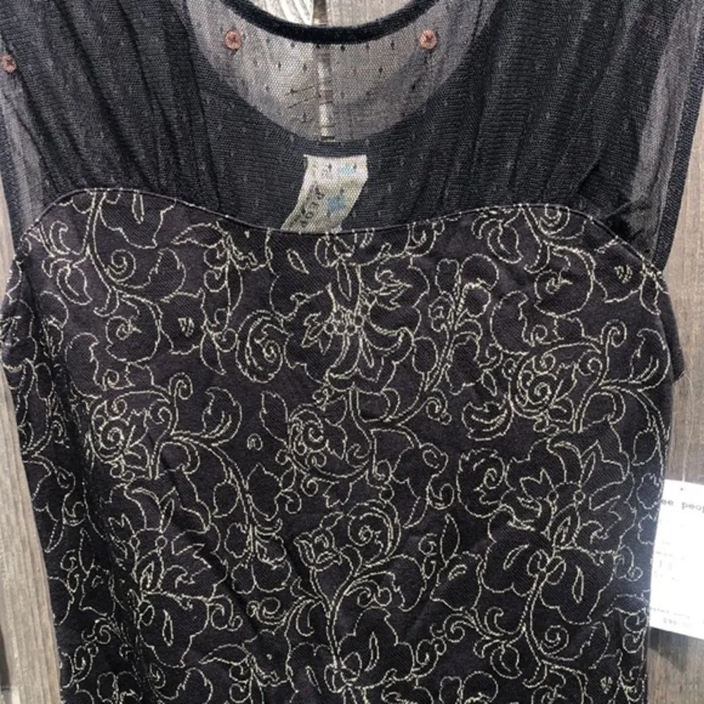Free People Black Comb Dress Sheer Neckline Metallic Floral Mesh Overlay Size M - Image 14