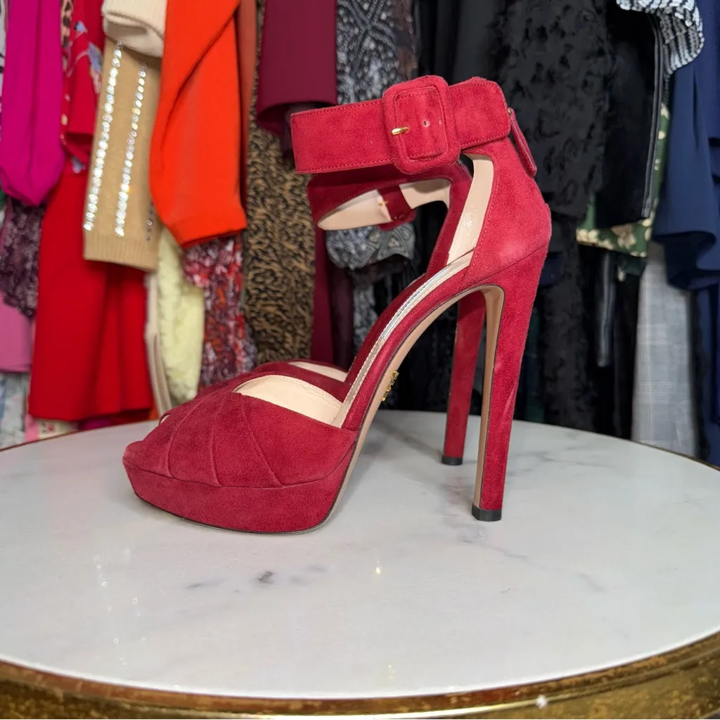 Prada Suede Peep Toe High Heel Sandals with Platform in Wine Red - Image 9