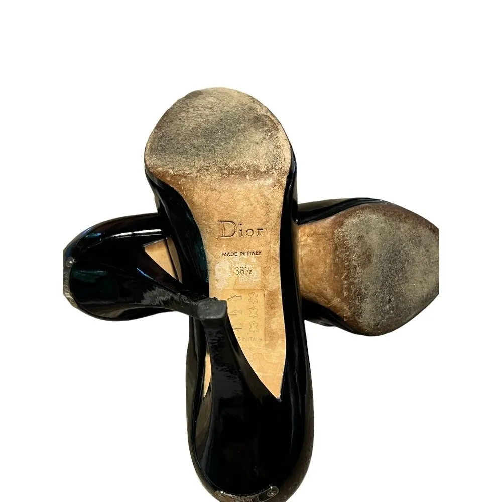 Christian Dior Black Patent Leather Platform Heels Peep Toe 4" heel 38.5 US 8.5 - Image 11