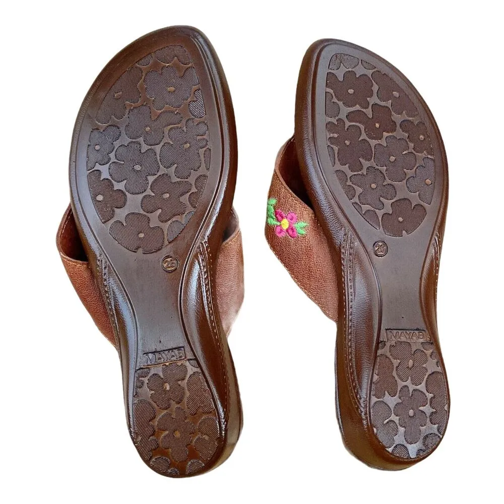Mexican Sandals Open Toe Wedge Faux Suede Floral Embroidered Brown US 8 - Image 4