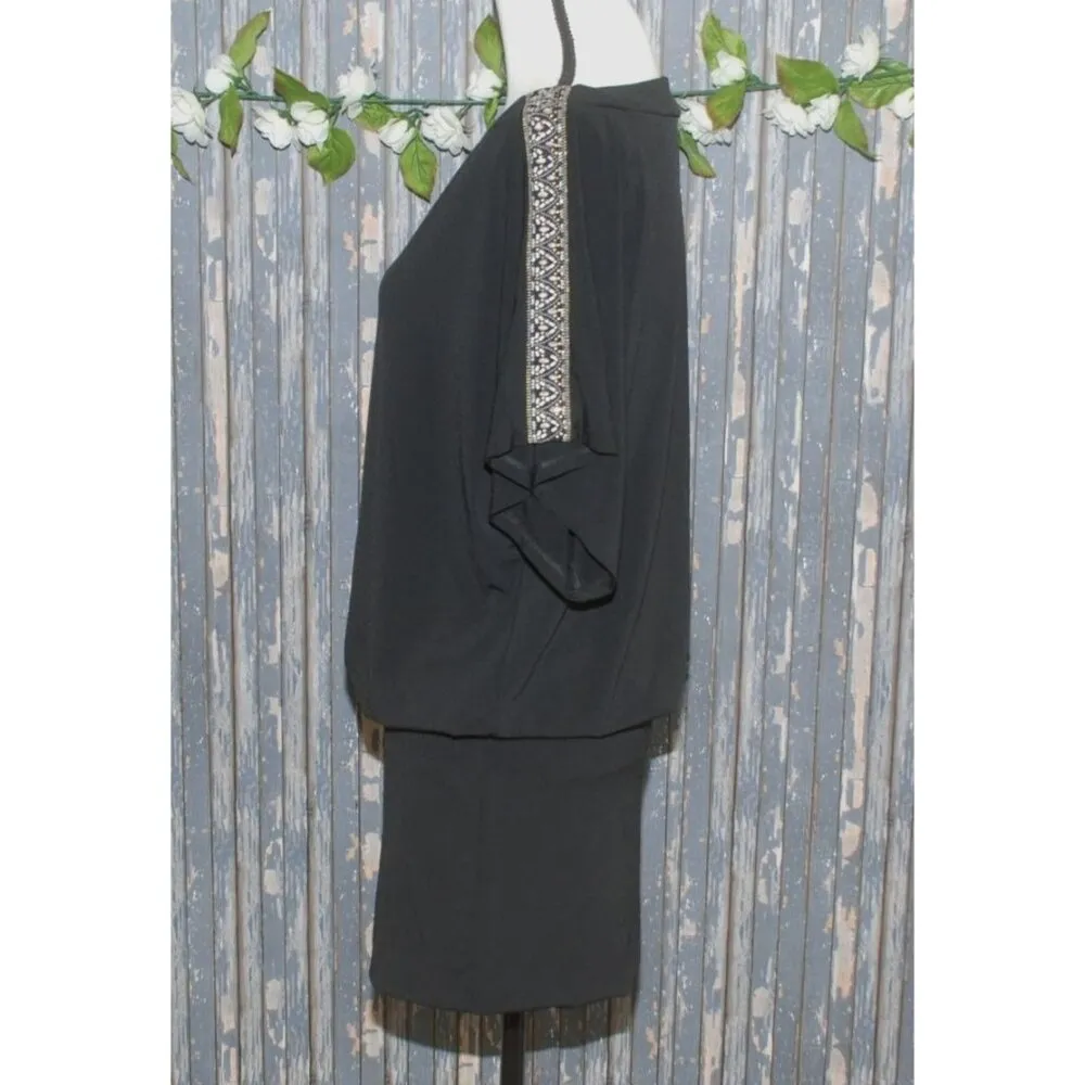 White House Black Market Black Dress Size XS Beaded Knee Length Short Sleeve LBD - Image 4