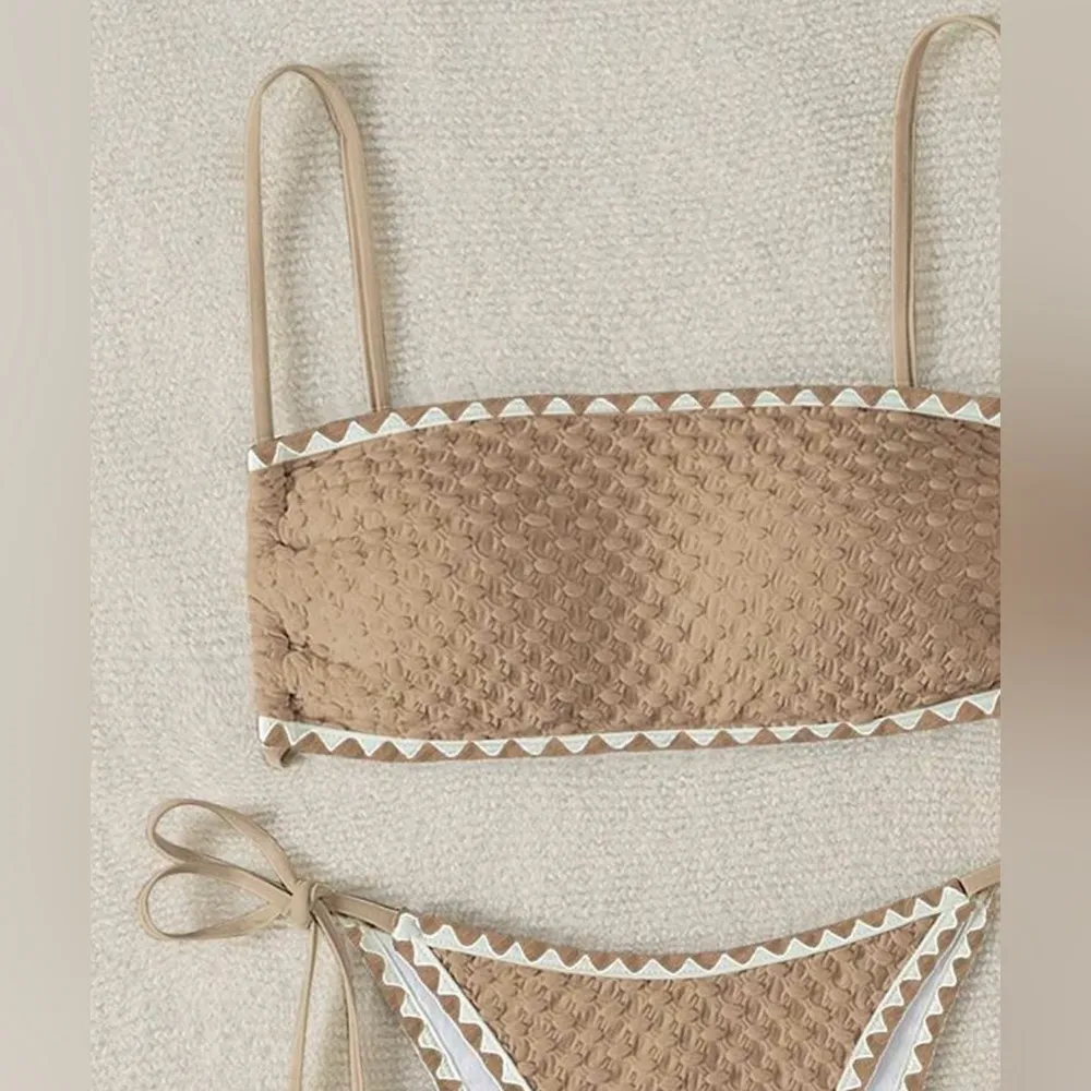 SHEIN Sawtooth Trim Textured Bikini Set, Khaki/Tan, Size L, NWOT - Image 3