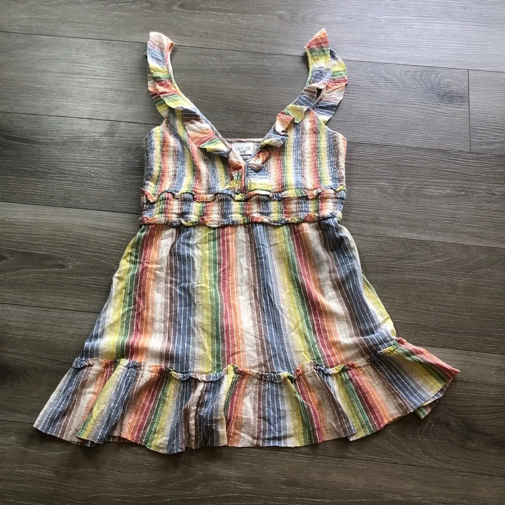 Saylor Alma Stripped Rainbow Smocked Ruffle Boho 100% Cotton Dress Womens XL - Image 4