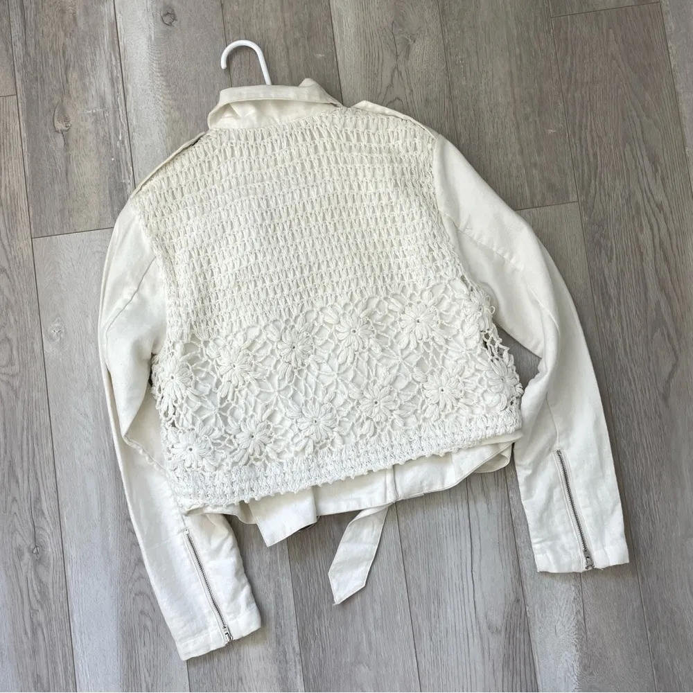 Anthropologie Crochet Canvas Moto Jacket White (xsmall) preppy floral crop work - Image 6