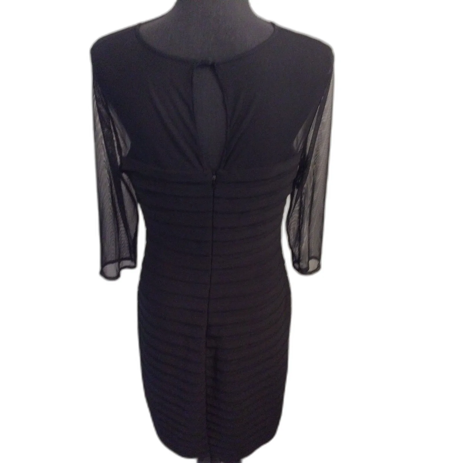 Adrianna Papell Black Sheer Neckline 3/4 Sleeve Cocktail Shutter Pleat Sheath 12 - Image 4