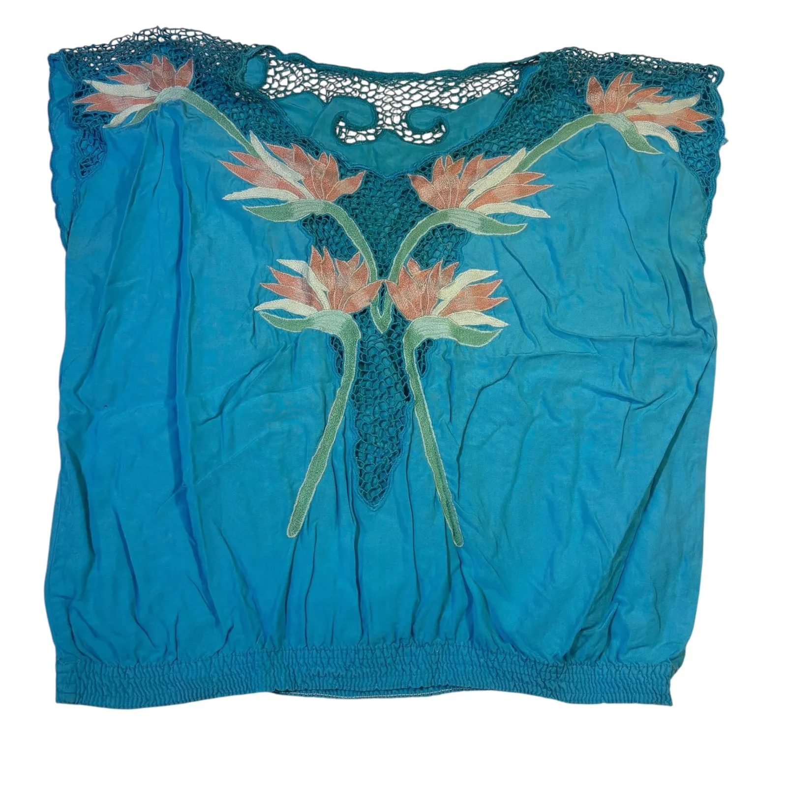 Teal‎ Crochet Bird of Paradise Top Blouse, Short Sleeve Elastic Waist Women's** Blue Size M - Image 3