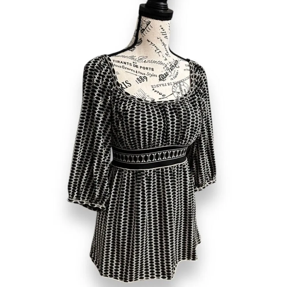 Max Studio S Black Cream Boho Geometric‎ Tunic Top Empire Waist Stretch Y2K - Image 2