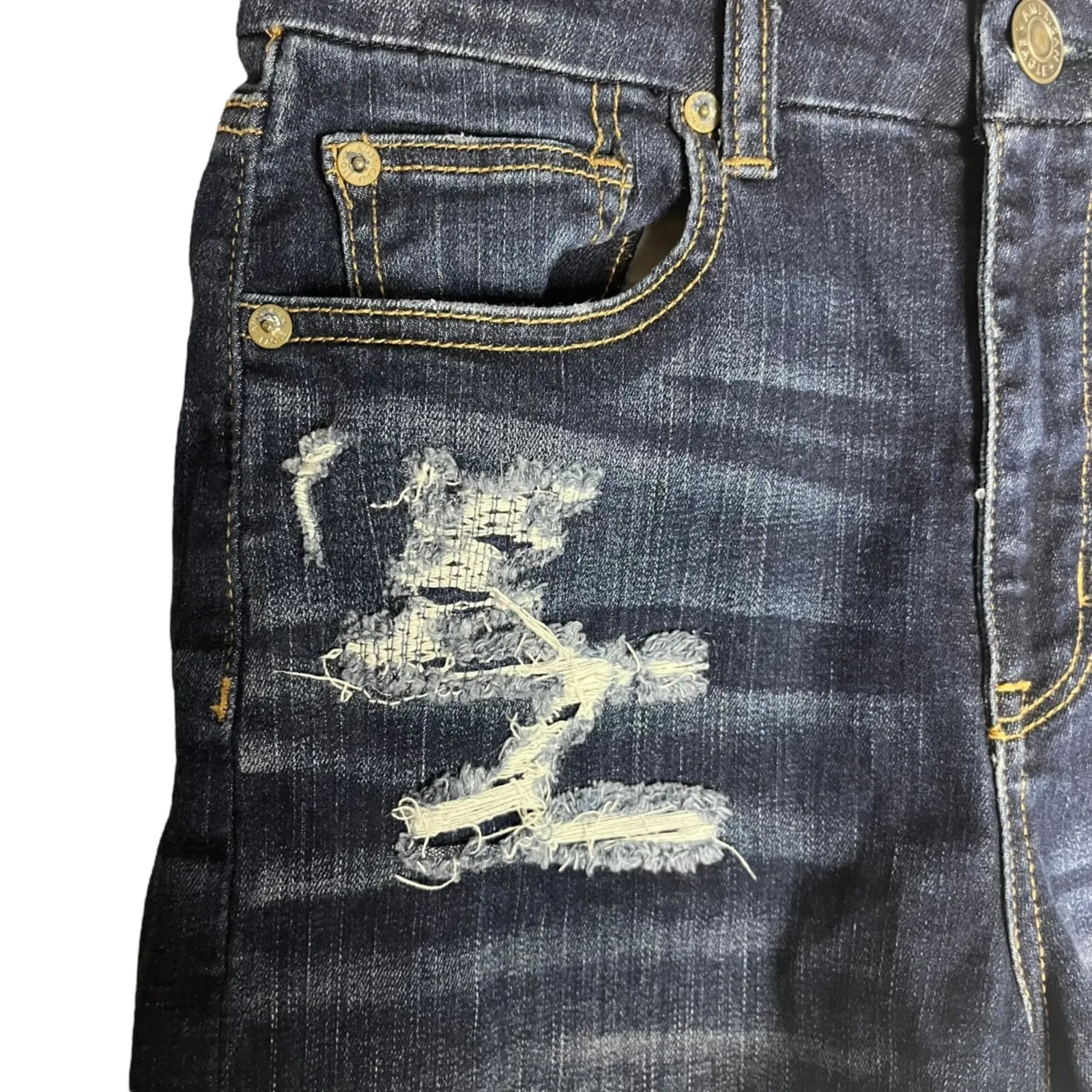 American Eagle Curvy Hi-Rise Shortie Denim Shorts Dark Wash Distressed Rips Sz 4 - Image 3