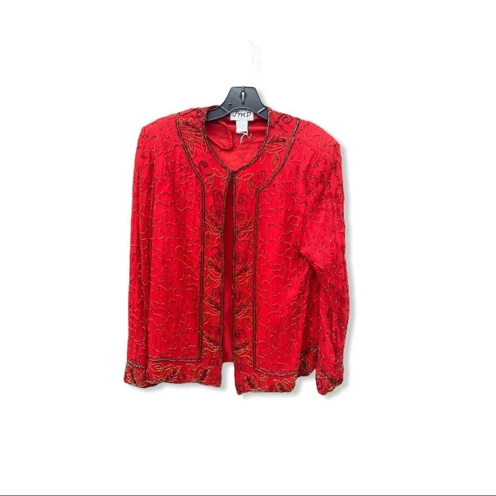 JMD New York Vintage Beaded‎ Silk Jacket Red Size M - Image 7